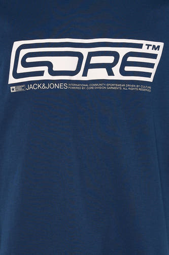 T-shirt bleu à manches courtes de CORE BY JACK & JONES, avec une impression de texte blanche frappante.