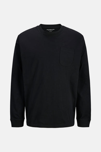 T-shirt noir à manches longues de CORE BY JACK & JONES, avec une poche sur la devant.