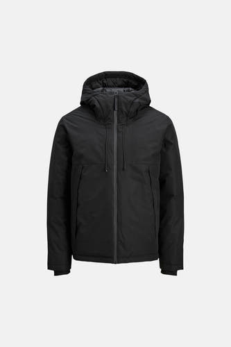 Veste courte noire de CORE BY JACK & JONES avec capuche matelassée, fermeture éclair et cordons de serrage.