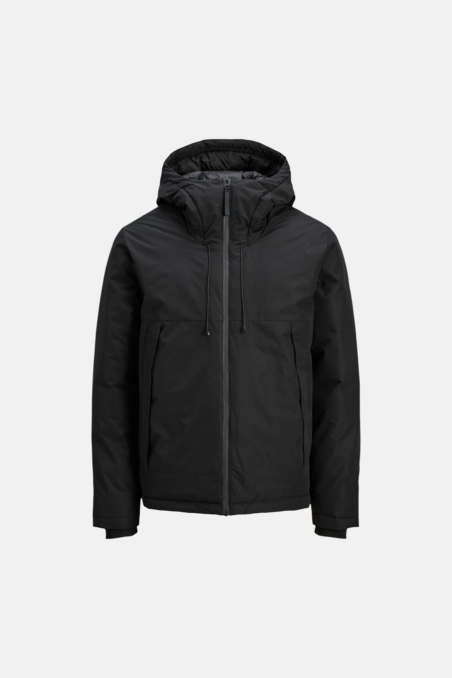 Veste courte noire de CORE BY JACK & JONES avec capuche matelassée, fermeture éclair et cordons de serrage.