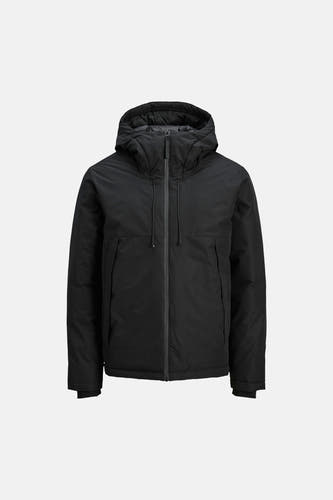 Veste courte noire de CORE BY JACK & JONES avec capuche, fermeture éclair, cordons de serrage et deux poches latérales à l'avant.