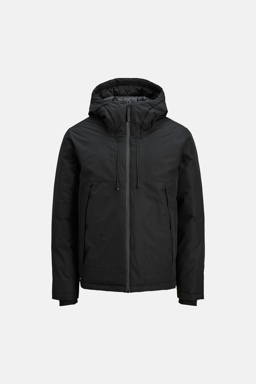 Veste courte noire de CORE BY JACK & JONES avec capuche, fermeture éclair, cordons de serrage et deux poches latérales à l'avant.