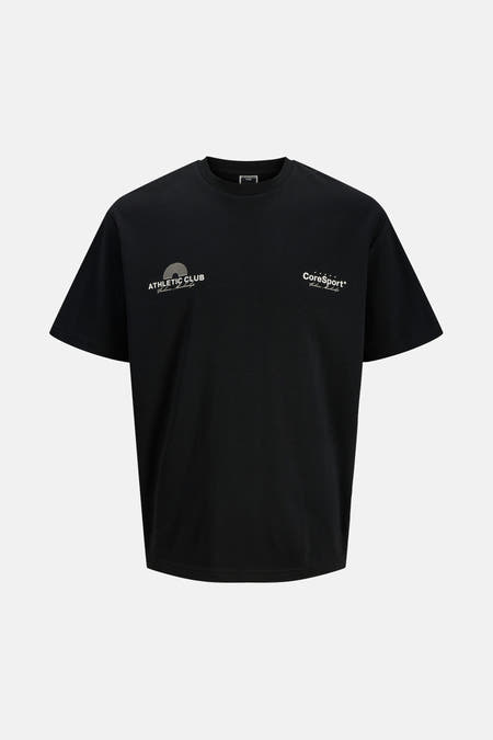 T-shirt noir à manches courtes de CORE BY JACK & JONES, avec des impressions graphiques sur la poitrine.