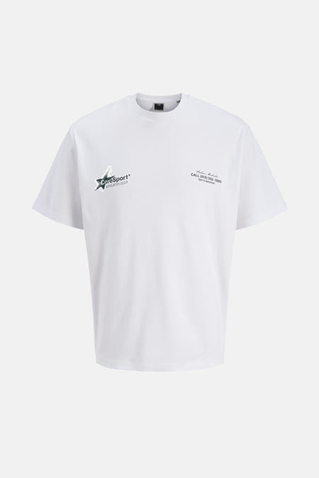 T-shirt blanc à manches courtes de CORE BY JACK & JONES, avec une impression de logo verte et un petit imprimé noir.