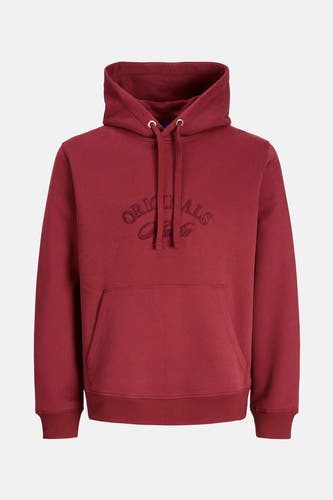 Pull-over rouge avec capuche d'ORIGINALS BY JACK & JONES, avec un logo brodé sur la poitrine et une poche kangourou.