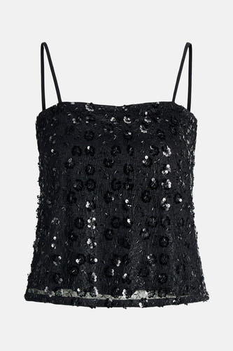 Blouse noire sans manches de JJXX, avec des motifs floraux, des paillettes et des fines bandes.