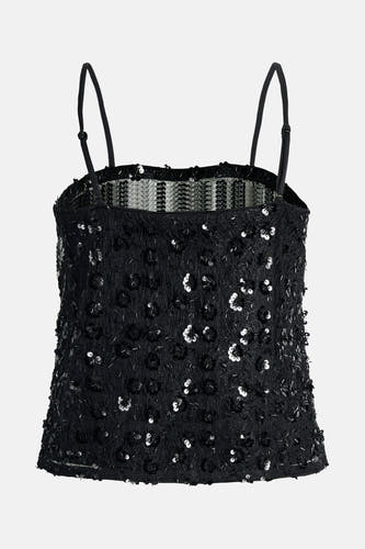 Blouse sans manches noire de JJXX, avec paillettes et une texture scintillante.
