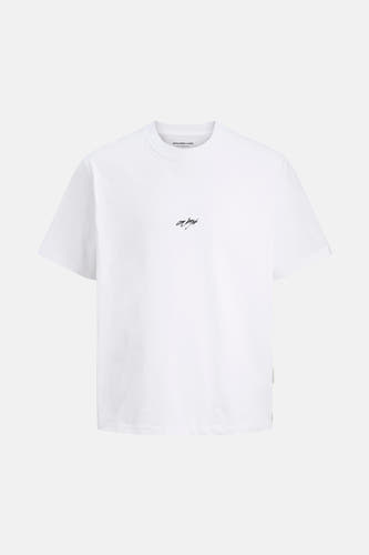 T-shirt blanc à manches courtes de CORE BY JACK & JONES, avec imprimé cassette sur le dos et un col rond.
