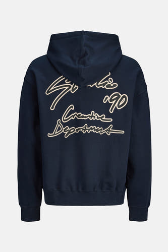 Pull-over bleu avec capuche d'ORIGINALS BY JACK & JONES, doté d'une impression scriptuelle distinctive sur le dos.