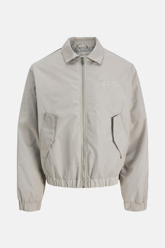 Manteau court gris de CORE BY JACK & JONES, avec fermeture éclair argentée et broderie "Worldwide Membership".