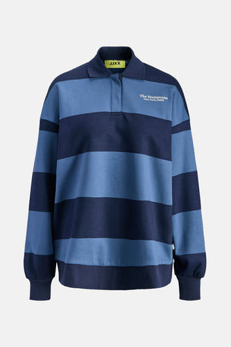 Sweater rayé bleu de JJXX, avec un col rond et une impression texte "The Hamptons".