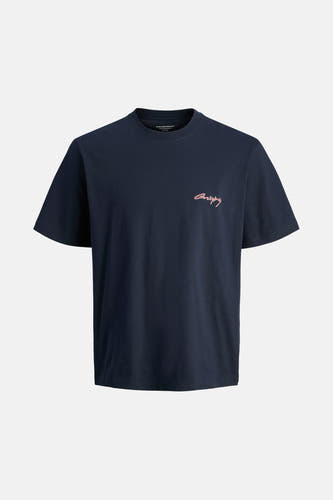 T-shirt bleu à manches courtes d'ORIGINALS BY JACK & JONES, détail de la ligne de col avec étiquette.