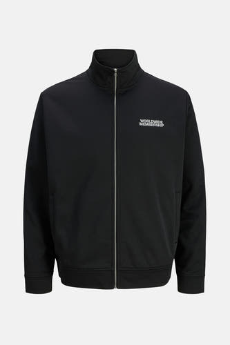 Gilet noir de CORE BY JACK & JONES, avec fermeture à glissière et texte "WORLDWIDE MEMBERSHIP" sur la poitrine.