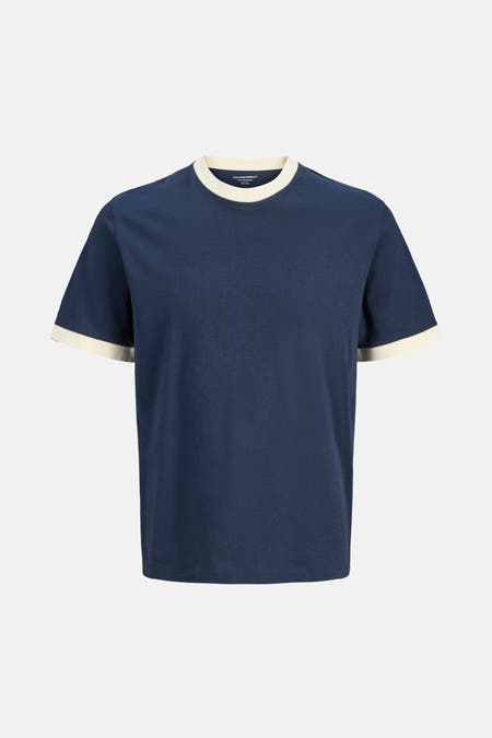 Blauw T-shirt met korte mouwen van ORIGINALS BY JACK & JONES, afgewerkt met contrasterende biezen.
