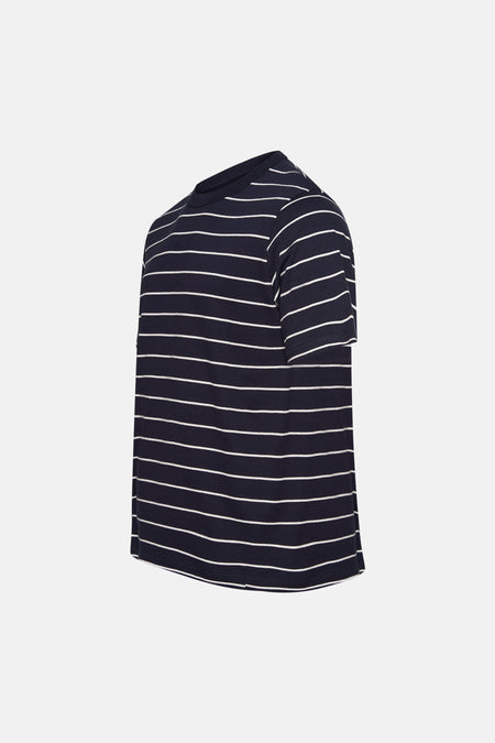 T-shirt bleu à manches courtes de ORIGINALS BY JACK & JONES, avec des rayures blanches horizontales.