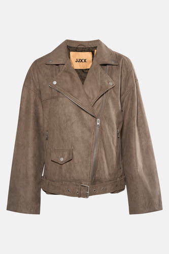 Veste brune de JJXX avec une fermeture éclair asymétrique, un col revers et un détail de ceinture.