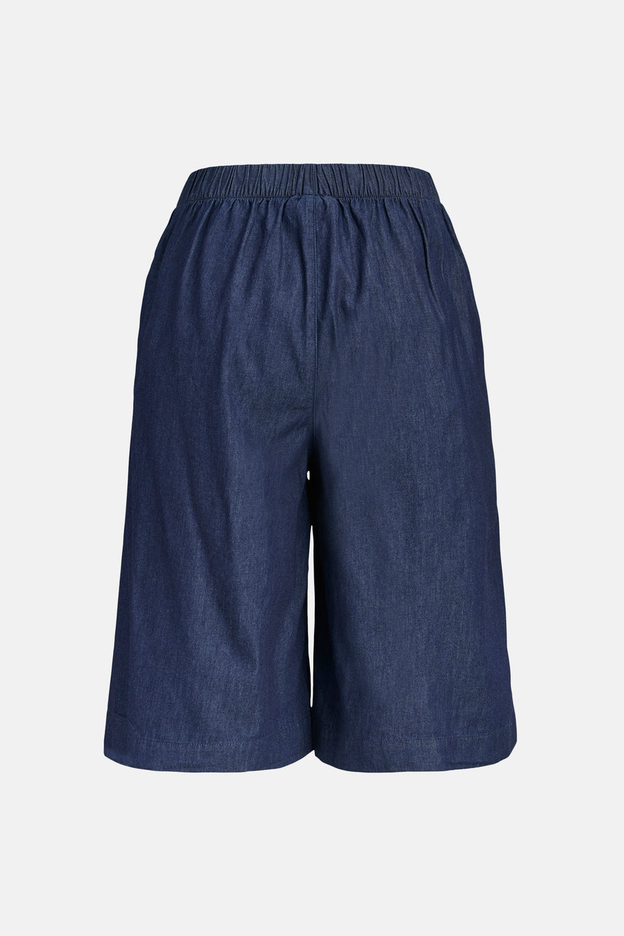 Short en jean bleu marine de JJXX avec taille élastique et jambes larges, vue de face.
