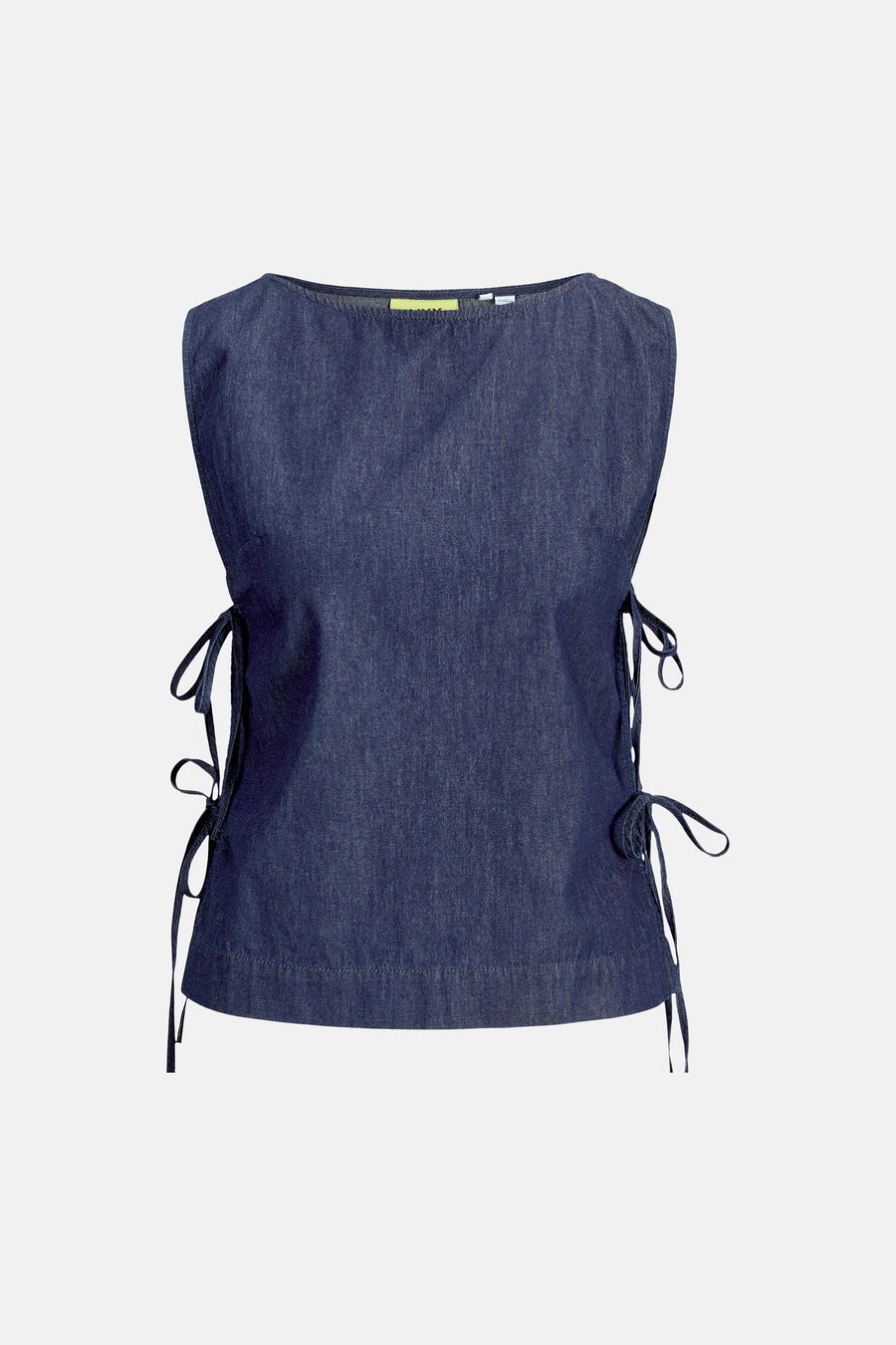 Chemisier en denim bleu foncé de JJXX, sans manches avec des nœuds sur les côtés.