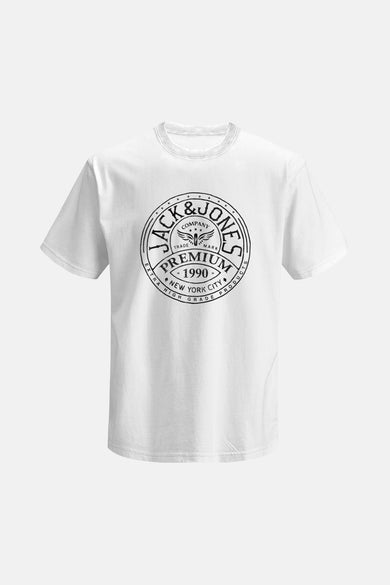 T-shirt blanc à manches courtes de PREMIUM BLUE par JACK & JONES, avec une encolure ronde et un logo rond imprimé sur la poitrine.