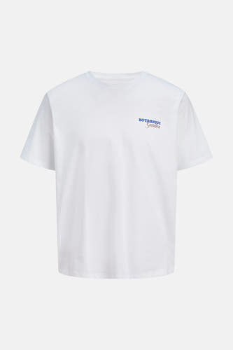 T-shirt blanc de ORIGINALS BY JACK & JONES, avec un petit texte bleu et marron sur la poitrine.