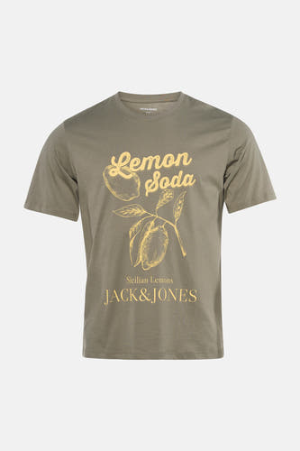 Kaki T-shirt met geel "Lemon Soda" print van ORIGINALS BY JACK & JONES, met citroenillustratie en ronde hals, front view