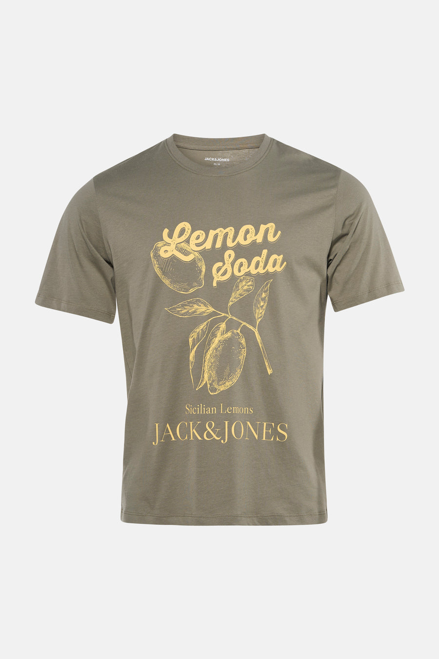 Kaki T-shirt met geel "Lemon Soda" print van ORIGINALS BY JACK & JONES, met citroenillustratie en ronde hals, front view