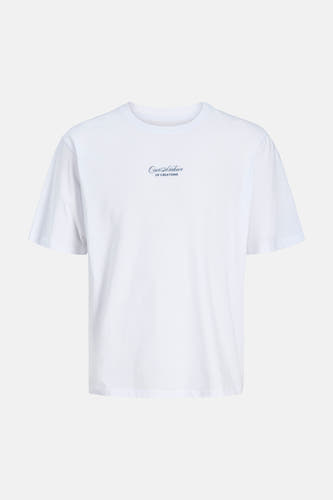 T-shirt blanc ORIGINALS BY JACK & JONES à col rond et imprimé texte bleu sur la poitrine.
