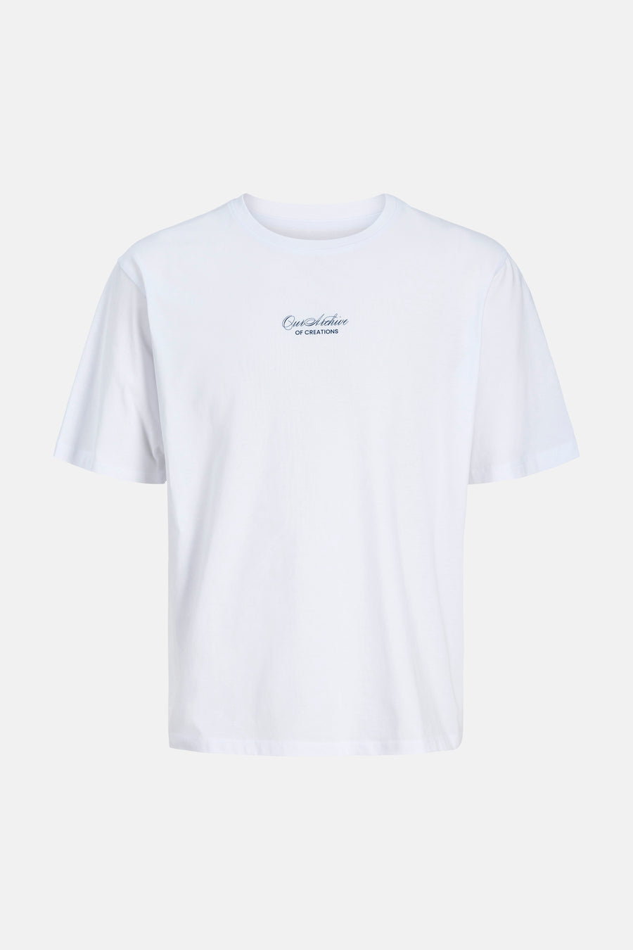T-shirt blanc ORIGINALS BY JACK & JONES à col rond et imprimé texte bleu sur la poitrine.