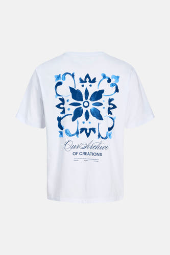 T-shirt blanc ORIGINALS BY JACK & JONES, avec un grand motif floral bleu et du texte au dos.