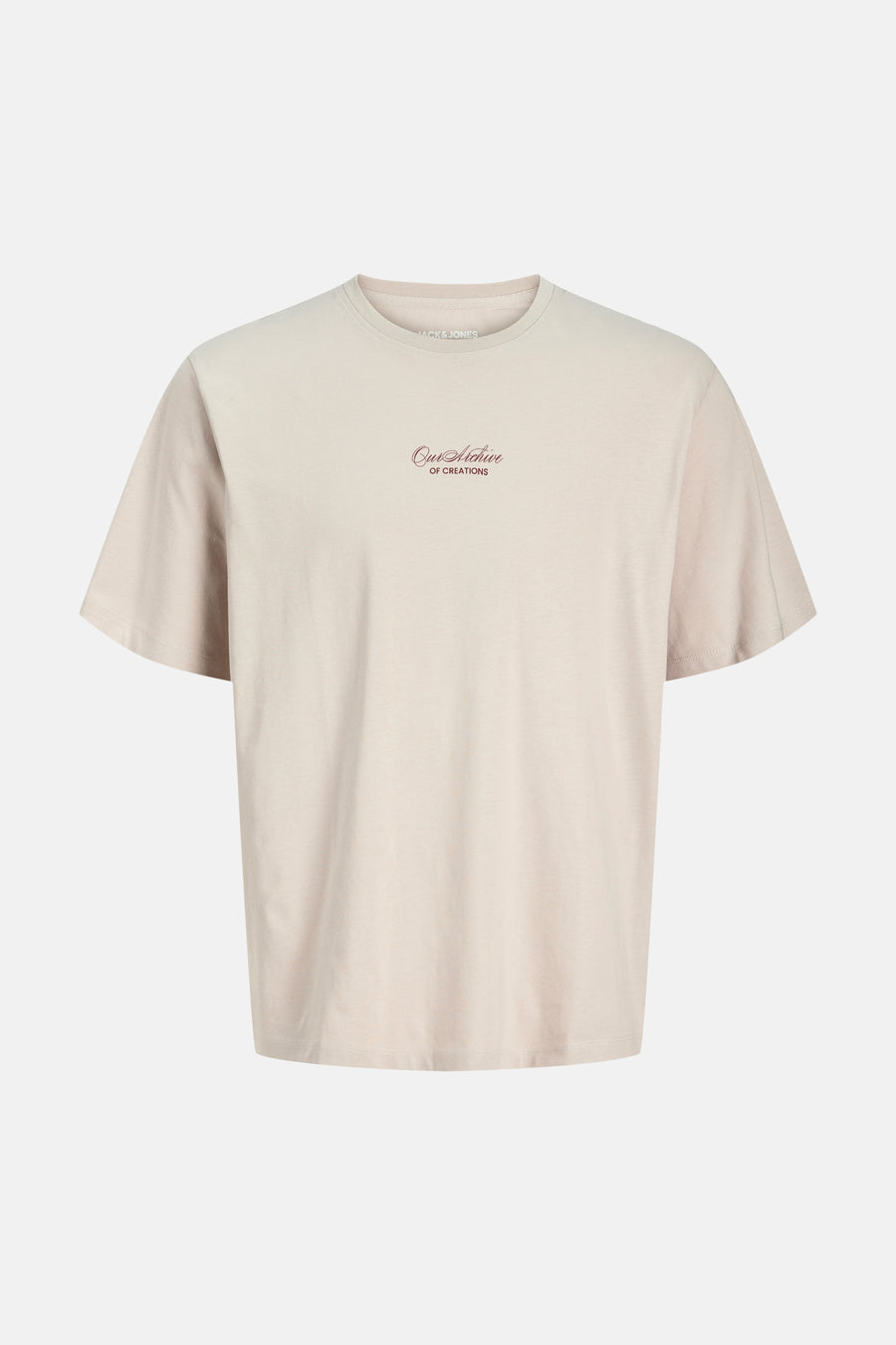 T-shirt beige de Originals by Jack & Jones avec le texte 'Our Archive OF CREATIONS' en marron-rouge sur la poitrine.
