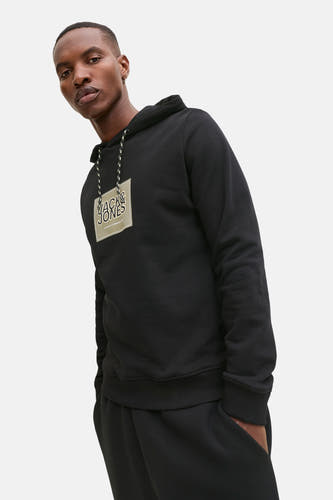 Gilet noir à capuche de CORE par JACK & JONES, avec imprimé logo sur la poitrine et cordon de serrage.