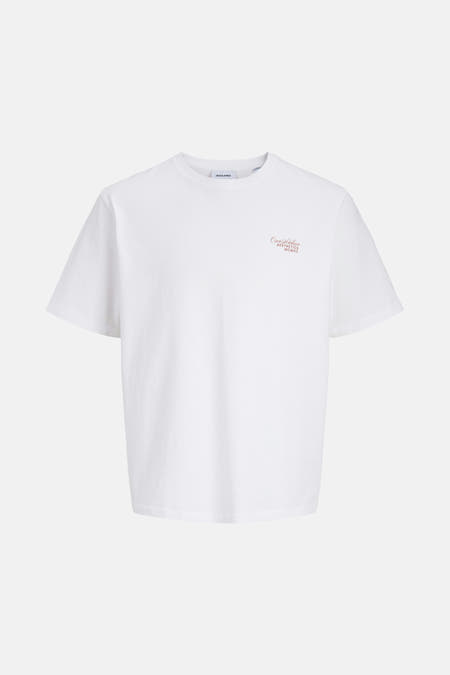 T-shirt blanc à manches courtes d'ORIGINALS BY JACK & JONES, avec une petite impression de texte élégante sur la poitrine.