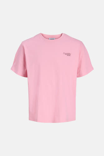 T-shirt rose à manches courtes d'ORIGINALS BY JACK & JONES, avec un petit texte marron foncé sur la droite.