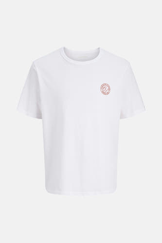 T-shirt blanc à manches courtes d'ORIGINALS BY JACK & JONES, avec une impression de logo rond sur la poitrine.