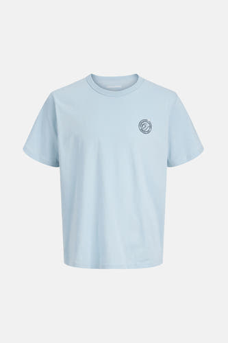T-shirt bleu à manches courtes d'ORIGINALS BY JACK & JONES, avec un petit logo sur la poitrine.