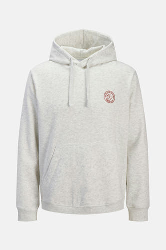 Pull-over blanc avec capuche d'ORIGINALS BY JACK & JONES, avec des cordons de serrage et un logo rouge sur la poitrine.