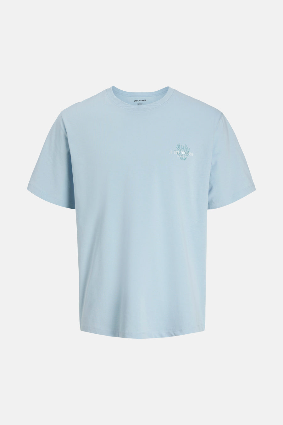 T-shirt bleu clair à manches courtes de ORIGINALS BY JACK & JONES avec un imprimé discret sur la poitrine.