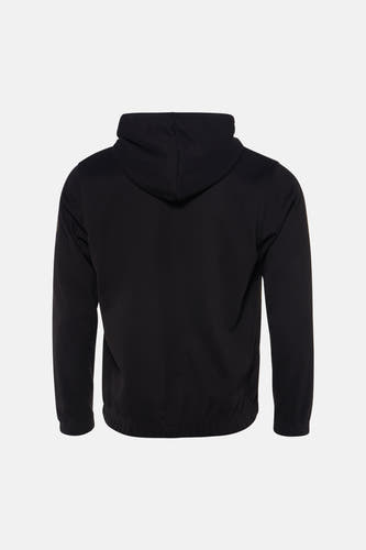 Gilet noir à capuche de CORE BY JACK & JONES, avec un motif texturé et des manches longues, vu de l'arrière.