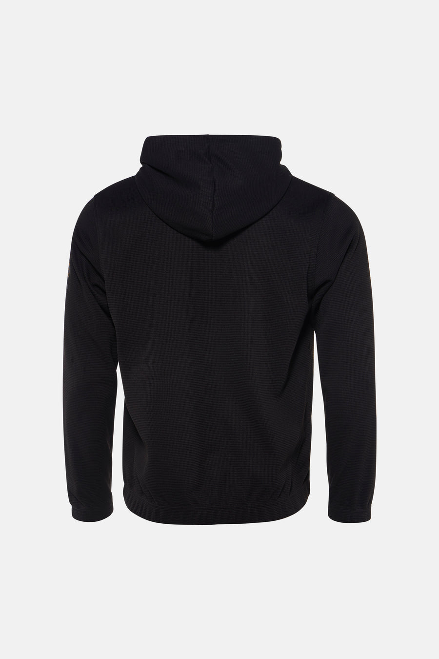 Gilet noir à capuche de CORE BY JACK & JONES, avec un motif texturé et des manches longues, vu de l'arrière.