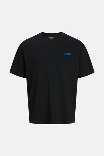 Zwart korte mouwen T-shirt van ORIGINALS BY JACK & JONES met klein blauw logo op borst, voorzijde weergave