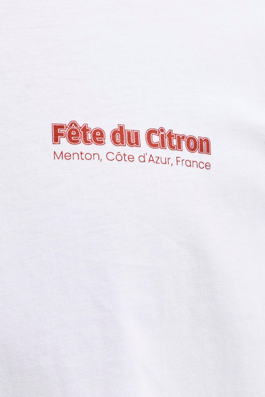 Witte korte mouwen t-shirt van ORIGINALS BY JACK & JONES met rode Fête du Citron print, close-up detail