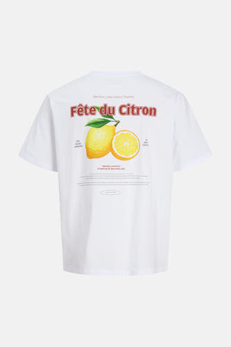 Witte korte mouwen T-shirt met citroenprint van ORIGINALS BY JACK & JONES, achterzijde met "Fête du Citron" tekst en illustratie