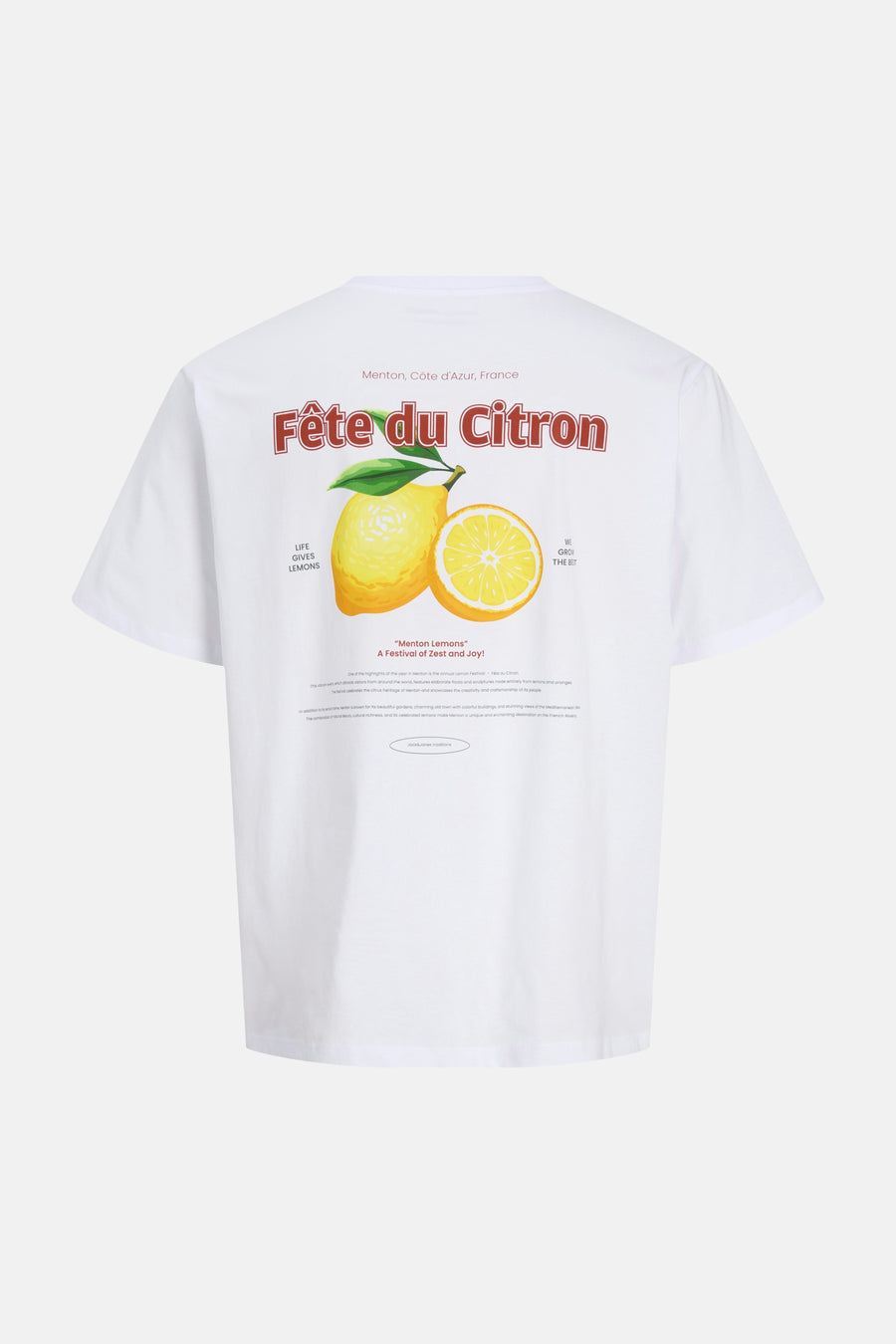 Witte korte mouwen T-shirt met citroenprint van ORIGINALS BY JACK & JONES, achterzijde met "Fête du Citron" tekst en illustratie