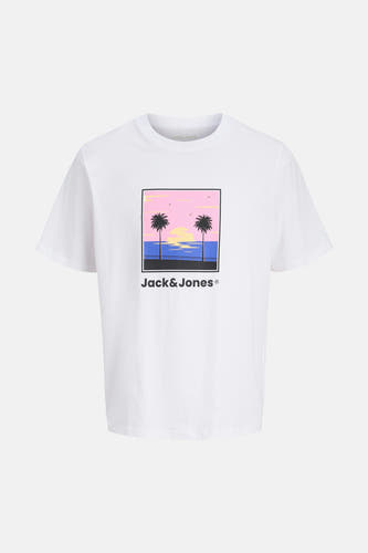 T-shirt blanc à manches courtes de ORIGINALS BY JACK & JONES, avec un imprimé graphique de palmiers et de coucher de soleil.