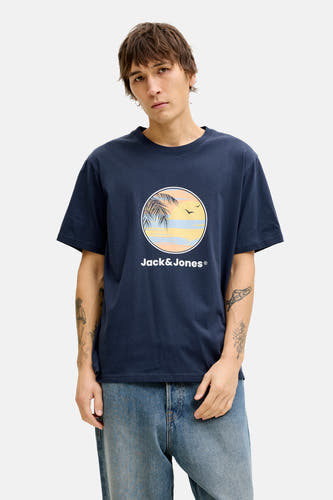 T-shirt bleu à manches courtes de Originals by Jack & Jones, avec un imprimé rond d'une plage tropicale.