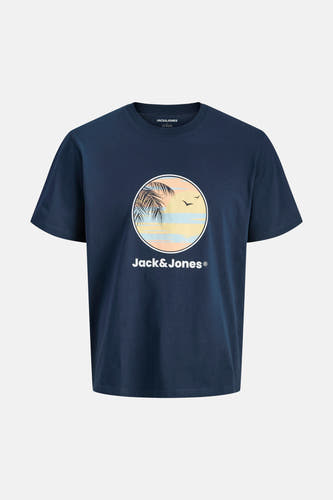 T-shirt bleu à manches courtes de ORIGINALS BY JACK & JONES, avec un imprimé graphique de plage.