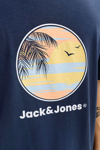 T-shirt bleu à manches courtes de ORIGINALS BY JACK & JONES, avec col rond et imprimé tropical.