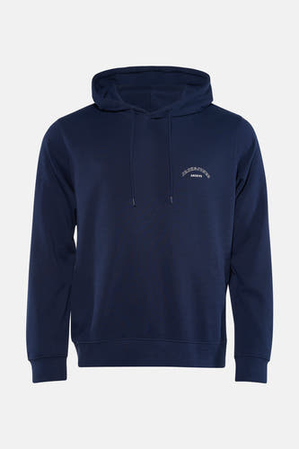 Pull-over bleu avec capuche d'ORIGINALS BY JACK & JONES, avec des cordons de serrage et une petite impression de texte blanc sur la poitrine.