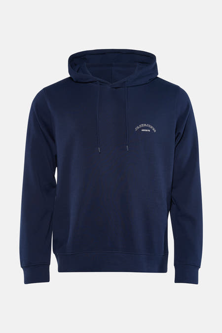 Pull-over bleu avec capuche d'ORIGINALS BY JACK & JONES, avec des cordons de serrage et une petite impression de texte blanc sur la poitrine.