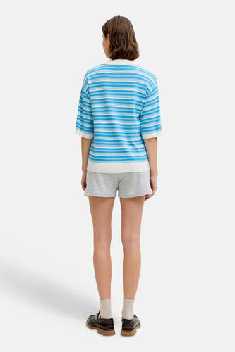 Pull bleu JJXX à rayures blanches, porté avec un short gris et des chaussures marron, vu de dos.